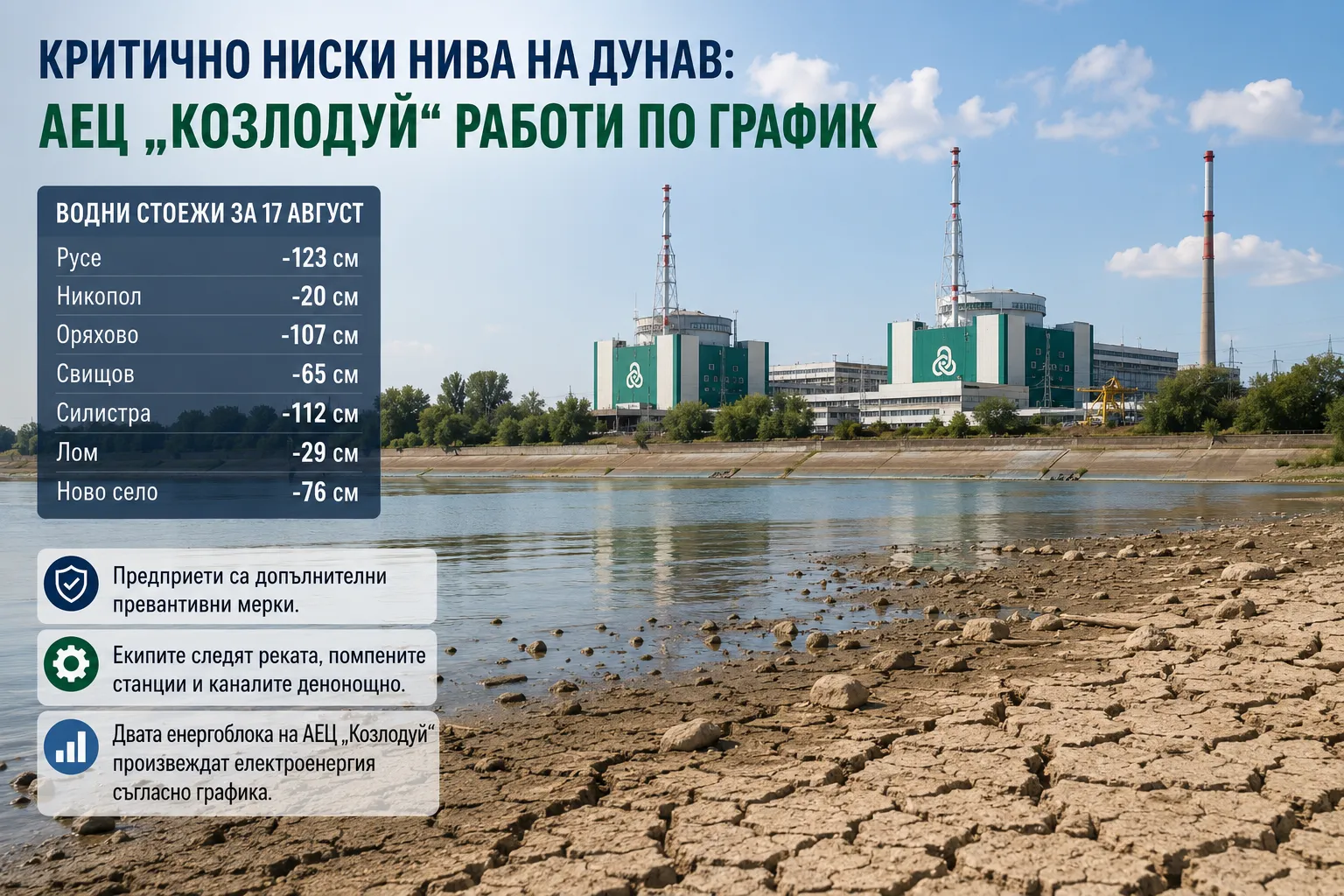Критично ниското ниво на р. Дунав създава проблеми, АЕЦ &bdquo;Козлодуй&ldquo; продължава работа по график