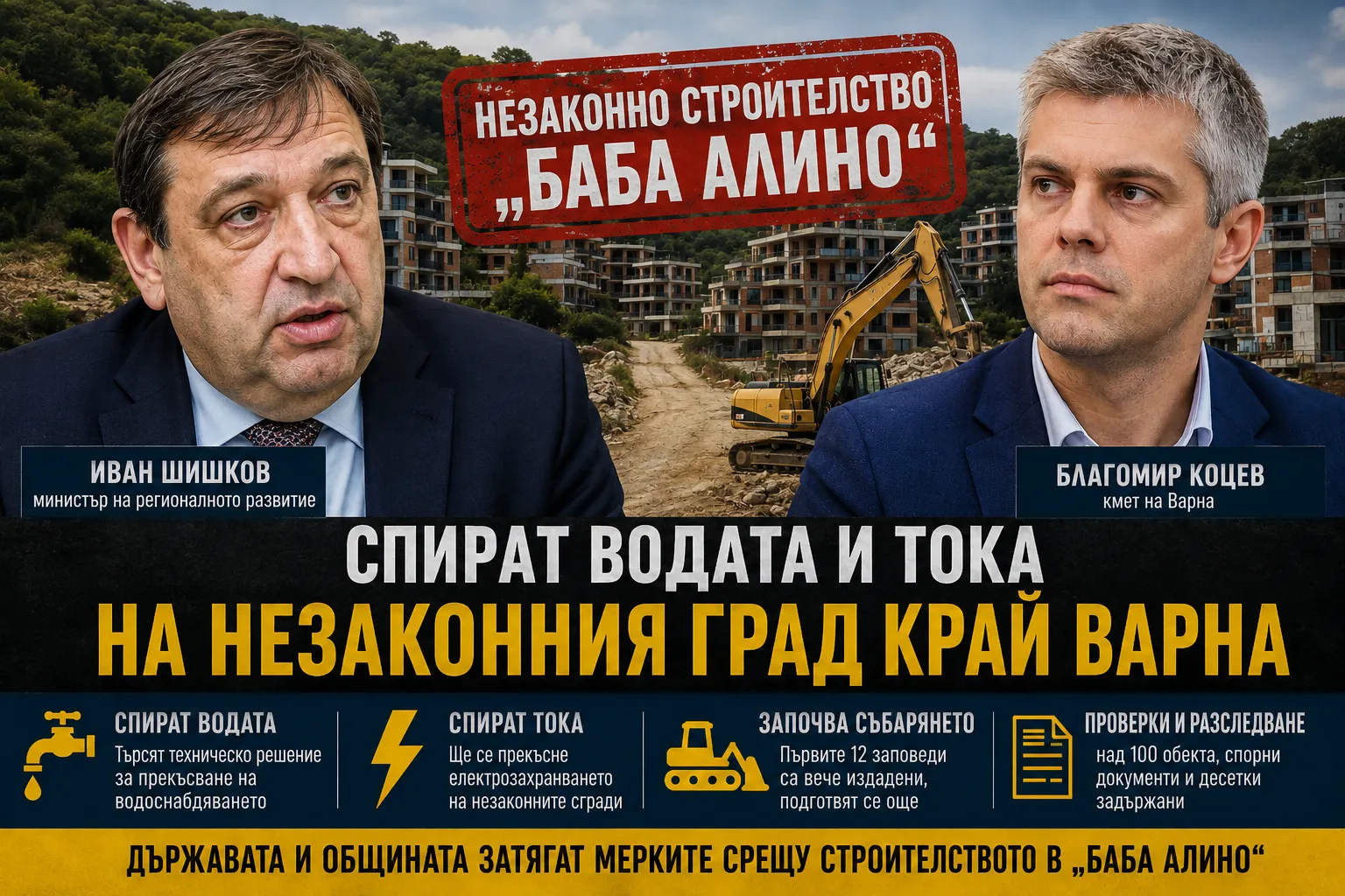 Министър Иван Шишков: Спираме водата и тока на незаконния град край Варна, започва събаряне