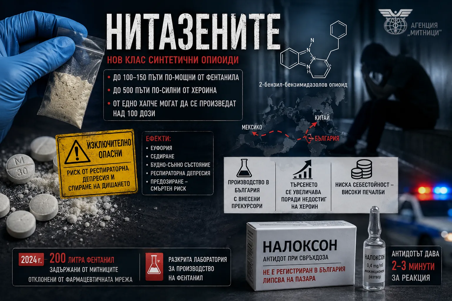 Нитазени: митниците алармират за опиоид до 150 пъти по-мощен от фентанила